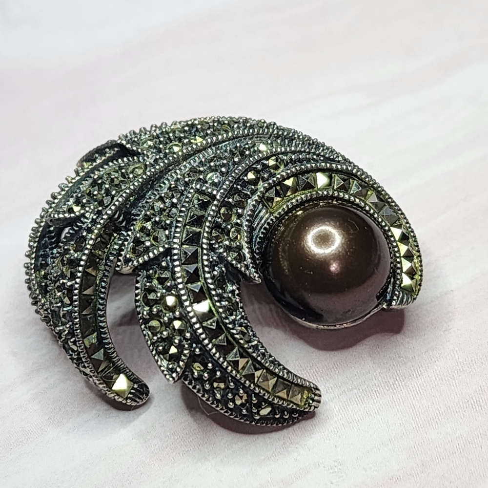 Vintage Judith Jack Marcasite, Pearl, and Sterling Brooch